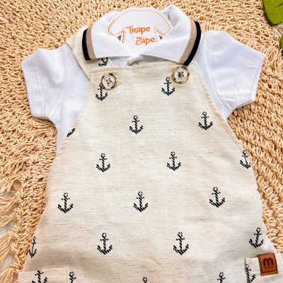  Conj. Body Gola Polo e Jardineira em Linho Âncoras - Branco e Areia